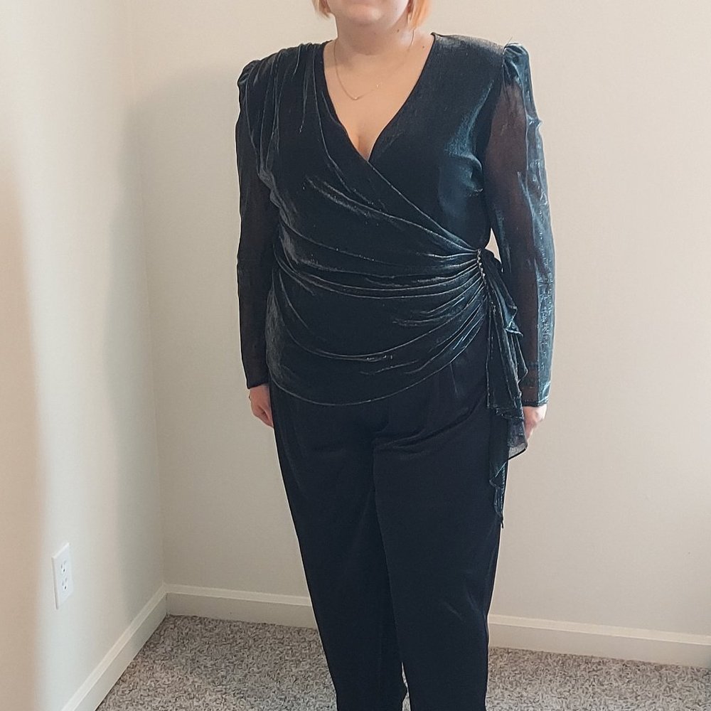 Plus Size Filigree Limited Collection Shimmering Sheer Top Jumpsuit, Size 20W